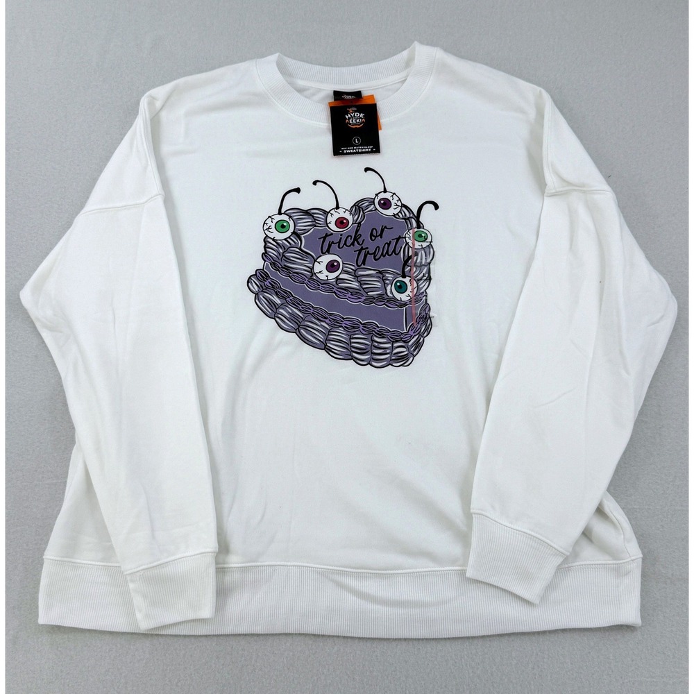 Hyde and Eek Women's Halloween Trick or Treat Eyeball Cake Sweatshirt White L
